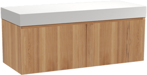 Balmani Idra by Mitra zwevend badkamermeubel 135 x 55 cm teak met Dominus enkel of dubbel tablet in solid surface mat wit