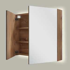 Linie Montro Spiegelschrank, 90 x 75 cm, braune Eiche, mit Spiegelbeleuchtung