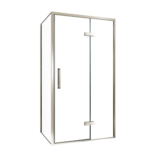 Balmani Senses Design douche en coin avec porte pivotante à droite et paroi latérale fixe, 100 x 100 cm, Verre transparent, Profil Brushed CoolMetal