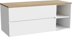 Storke Edge meuble salle de bains suspendu 130 x 52 cm blanc mat avec Panton tablette simple ou double en mélaminé chêne brut