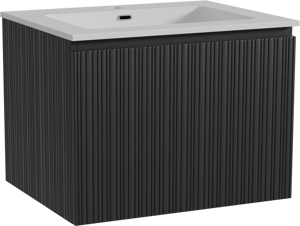 Storke Ribs zwevend badkamermeubel 65 x 52 cm zwarte eik met Diva enkele wastafel in composietmarmer glanzend wit, Verticale asymmetrische rechte ribbel