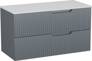 Linie Ribbo zwevend badkamermeubel 100 x 46 cm blauw antraciet met Lado enkel of dubbel tablet in melamine terrazzo wit, Verticale symmetrische ronde ribbel