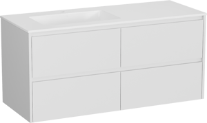 Storke Seda zwevend badkamermeubel 130 x 52 cm mat wit met Bilia asymmetrisch linkse wastafel in composietmarmer glanzend wit