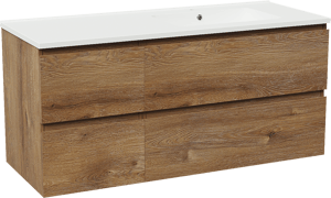 Linie Lado zwevend badkamermeubel 120 x 46 cm bruine eik met Vano asymmetrisch rechtse wastafel in composietmarmer mat wit