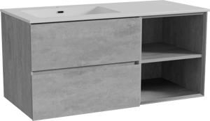 Storke Edge zwevend badmeubel 110 x 52 cm beton donkergrijs met Diva asymmetrisch linkse wastafel in composietmarmer hoogglans wit