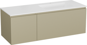 Storke Ribs zwevend badkamermeubel 140 x 52 cm zijdegrijs met Bilia asymmetrisch rechtse wastafel in composietmarmer glanzend wit, Verticale symmetrische rechte ribbel