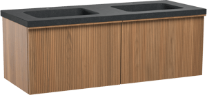 Balmani Forma zwevend badkamermeubel 135 x 55 cm teak met Napoli dubbele wastafel in graniet zwart, Verticale symmetrische rechte ribbel