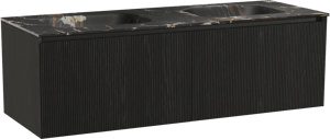 Balmani Fila by Mitra meuble salle de bains suspendu 150 x 55 cm chêne noir avec Tablo Arcato double vasque en marbre portoro gold, Nervure droite symétrique verticale