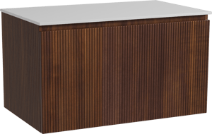Storke Ribs meuble salle de bains suspendu 85 x 52 cm noyer avec Tavola tablette simple en solid surface blanc mat, Nervure droite symétrique verticale