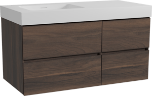 Storke Edge zwevend badkamermeubel 110 x 52 cm notelaar met Mata High asymmetrisch linkse wastafel in solid surface mat wit