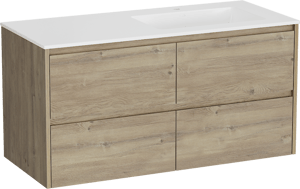Storke Seda zwevend badkamermeubel 120 x 52 cm ruwe eik met Bilia asymmetrisch rechtse wastafel in composietmarmer glanzend wit