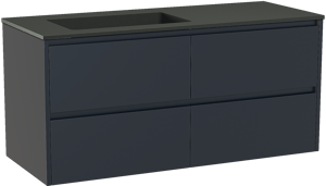 Storke Seda zwevend badkamermeubel 130 x 52 cm nachtblauw met Scuro asymmetrisch linkse wastafel in kwarts mat zwart