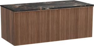 Balmani Forma zwevend badkamermeubel 120 x 55 cm amerikaanse notelaar met Stretto enkel tablet in marmer portoro gold, Verticale asymmetrische ronde ribbel