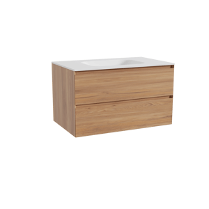 Balmani Mitra zwevend badkamermeubel 90 x 55 cm teak met Tablo Arcato enkele wastafel in solid surface mat wit