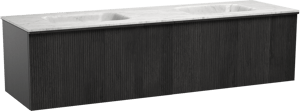 Balmani Forma hängendes Möbelstück Set: 180 x 55 cm, Schwarze Eiche, mit Tablo Arcato Doppelwaschtisch, Marmor, Carrara, Vertikale symmetrische gerade Rippe