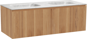 Balmani Idra by Mitra zwevend badkamermeubel 135 x 55 cm teak met Tablo Arcato dubbele wastafel in marmer carrara