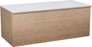 Balmani Forma zwevend badmeubel 120 x 55 cm naturel eiken met Tablo Arcato enkele wastafel voor 2 kraangaten in solid surface mat wit, Horizontale symmetrische rechte ribbel
