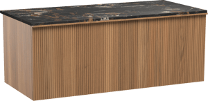 Balmani Forma hängendes Möbelstück Set: 120 x 55 cm, Teak, mit Stretto Einzel Waschtischplatte, Marmor, Portoro Gold, Vertikale symmetrische gerade Rippe