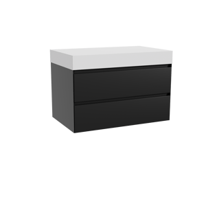 Balmani Mitra hängendes Möbelstück Set: 90 x 55 cm, Schwarz matt, mit Dominus Einzel Waschtischplatte, Solid Surface Weiß matt