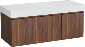 Balmani Sfera by Lucida zwevend badmeubel 135 x 55 cm amerikaans notenhout met Dominus enkel of dubbel wastafelblad in solid surface mat wit