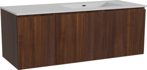 Storke Ribs zwevend badkamermeubel 130 x 52 cm notelaar met Diva asymmetrisch rechtse wastafel in composietmarmer glanzend wit, Verticale symmetrische rechte ribbel