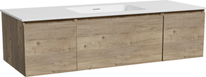 Storke Edge zwevend badkamermeubel 135 x 52 cm ruwe eik met Mata enkele wastafel in solid surface mat wit