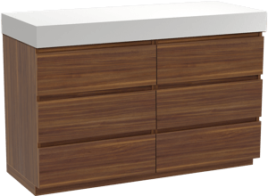 Balmani Lucida meuble salle de bains à poser 135 x 55 cm noyer américain avec Dominus tablette simple ou double en solid surface blanc mat