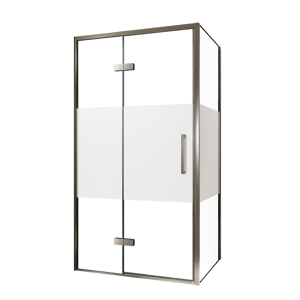 Balmani Senses Design Eckdusche: Drehtür (Links) mit fixierte Seitenwand, 100 x 100 cm, Klarglas mit mattiertem Streifen, Profil Brushed GunMetal, inklusive Coating