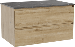 Balmani Mitra zwevend badmeubel 90 x 55 cm ruw eiken met Stretto enkel wastafelblad in marmer pietra grey