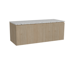 Storke Ribs meuble salle de bains suspendu 130 x 52 cm chêne brut avec Tavola tablette simple ou double en blanc/noir mat terrazzo, Nervure droite symétrique verticale