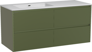 Storke Seda zwevend badkamermeubel 130 x 52 cm olijfgroen met Diva asymmetrisch linkse wastafel in composietmarmer glanzend wit