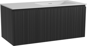 Storke Ribs zwevend badkamermeubel 110 x 52 cm zwarte eik met Mata asymmetrisch rechtse wastafel in solid surface mat wit, Verticale asymmetrische rechte ribbel