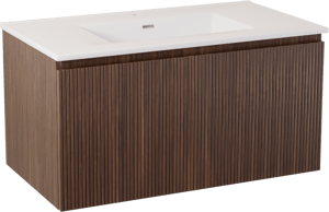 Storke Ribs zwevend badmeubel 95 x 52 cm notenhout met Kera enkele wastafel in porselein hoogglans wit, afvoerplug inbegrepen