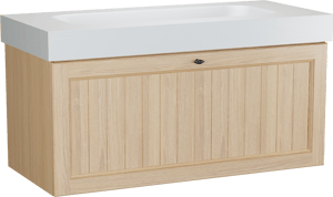 Balmani Lemon hängendes Möbelstück Set: 120 x 55 cm, Naturbelassene Eiche Furnier, mit Arcato Einzelwaschtisch für 2 Armaturenlöcher, Weiß matt