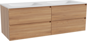 Balmani Mitra hängendes Möbelstück Set: 150 x 55 cm, Teak, mit Tablo Strada Doppelwaschtisch, Marmorkomposit Weiß matt