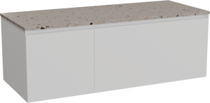 Balmani Idra hängendes Möbelstück Set: 135 x 55 cm, Weiß matt, mit Stretto Einzel- oder Doppel Waschtischplatte, Terrazzo in Greige