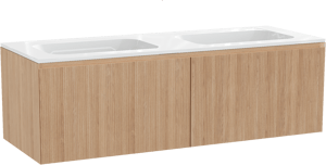 Balmani Fila by Mitra hängendes Möbelstück Set: 150 x 55 cm, Naturbelassene Eiche, mit Tablo Strada Doppelwaschtisch, Marmorkomposit, Weiß glänzend, Vertikale symmetrische gerade Rippe