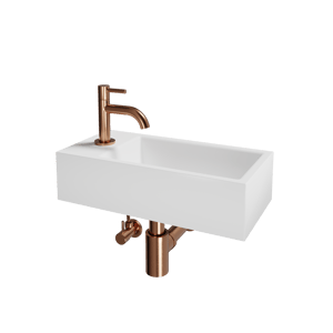 Luca Varess Cubic Handwaschbecken Set, Keramik weiß glänzend, 40,5 x 20 cm, Links, inklusive Rosegold Wasserhahn und Zubehör