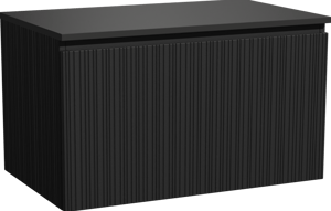 Storke Ribs zwevend badkamermeubel 85 x 52 cm zwarte eik met Panton enkel tablet in gepoedercoate mdf mat zwart, Verticale asymmetrische rechte ribbel