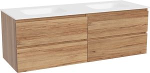 Balmani Lucida hängendes Möbelstück Set: 150 x 55 cm, Teak, mit Tablo Arcato Doppelwaschtisch, Solid Surface Weiß matt