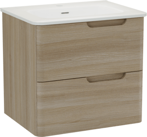 Linie Curvo hängendes Möbelstück Set: 60 x 46 cm, Eiche Hell, mit Baro Curvo Einzelwaschtisch Keramik Weiβ glänzend