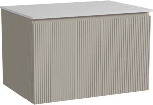 Storke Ribs meuble salle de bains suspendu 75 x 52 cm soie grise avec Tavola tablette simple en solid surface blanc mat, Nervure droite symétrique verticale