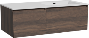 Storke Edge zwevend badmeubel 110 x 52 cm notenhout met Diva asymmetrisch rechtse wastafel in composietmarmer hoogglans wit