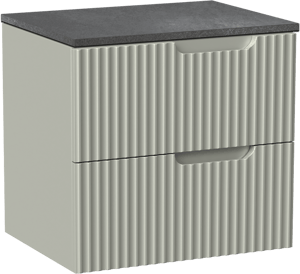 Linie Ribbo zwevend badmeubel 60 x 46 cm greige met Lado enkel wastafelblad in melamine grijze leisteen, Verticale symmetrische ronde ribbel