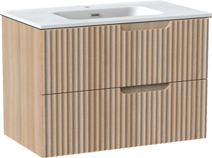 Linie Ribbo zwevend badkamermeubel 80 x 46 cm lichte eik met Baro enkele wastafel in porselein mat wit, Verticale symmetrische ronde ribbel