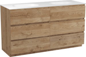 Balmani Lucida staand badkamermeubel 150 x 55 cm ruwe eik met Tablo Oval dubbele wastafel in solid surface mat wit