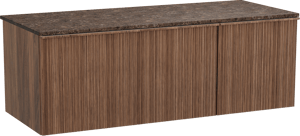 Balmani Forma zwevend badmeubel 135 x 55 cm amerikaans notenhout met Stretto enkel of dubbel wastafelblad in marmer dark emperador, Verticale asymmetrische ronde ribbel