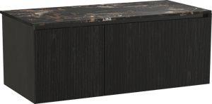 Balmani Fila hängendes Möbelstück Set: 120 x 55 cm, Schwarze Eiche, mit Stretto Einzel Waschtischplatte, Marmor, Portoro Gold, Vertikale symmetrische gerade Rippe