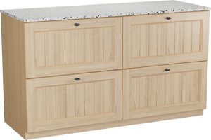 Balmani Lemon staand badkamermeubel 150 x 55 cm, fineer natuur eik met Stretto enkel of dubbel tablet in mat wit/zwart terrazzo