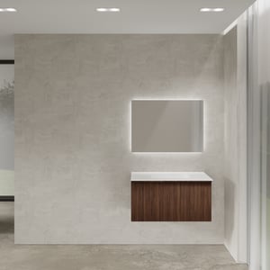 Balmani Forma meuble salle de bains suspendu 90 x 55 cm noyer américain avec Tablo Arcato plan simple en solid surface blanc mat, Nervure circulaire asymétrique verticale et Giro miroir